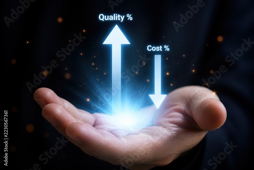 Hand balancing upward quality arrow and downward cost arrow with glowing light effect
