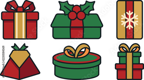 Christmas Gift Box Vector Collection With Red Green And Gold Present Wrapping Holly Berries Ribbon Bows And Festive Holiday Packaging Icons