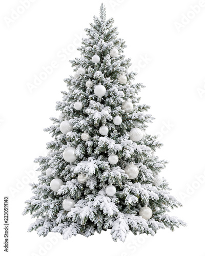 Snow-covered christmas tree with white ornaments and pine cones
