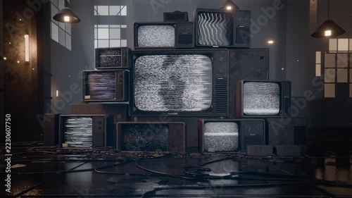 Flickering CRT TV pyramid in dim loft revealing shadow figure after static spikes, cables and lamps