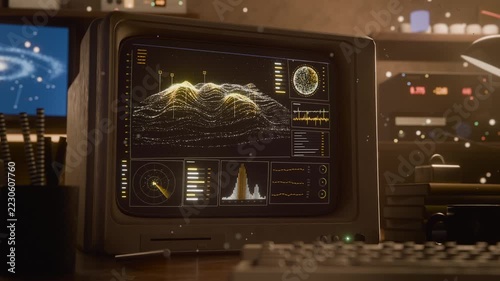 Camera pulling back, CRT monitor showing animated data dashboard at desk for monitoring