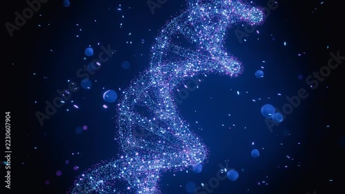 Forming sparkling double-helix from rising particle field in deep blue space, with bokeh