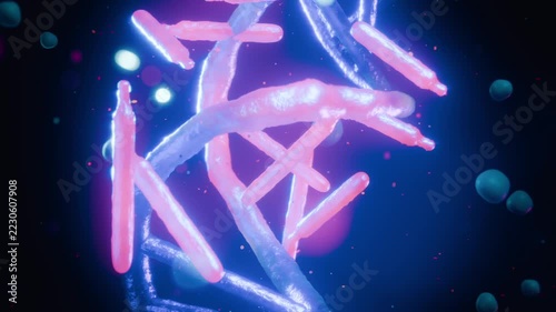 Rotating neon-blue double helix drawing pink rods approaching in deep field, binding then reforming