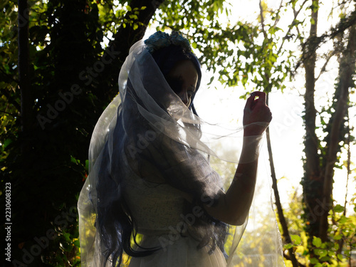 ghost bride silhouette in sheer veil backlit by sunlight in autumn forest, spooky halloween