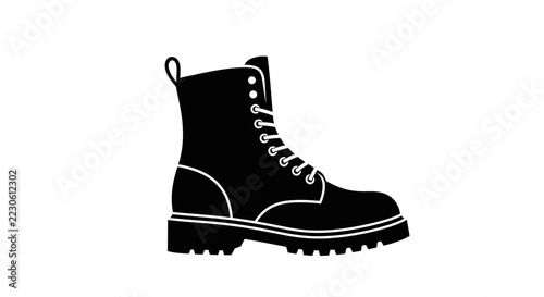 Black Silhouette of a Combat Boot with Laces and Thick Sole, Isolated on White Background