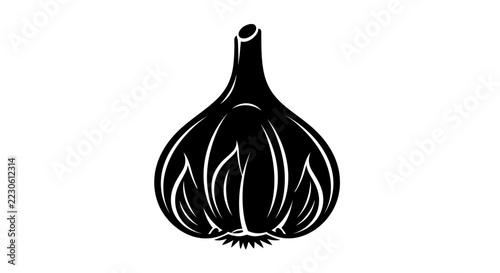 Black Garlic Bulb Silhouette, Isolated on White Background, Ingredient for Cooking, Healthy Food Concept