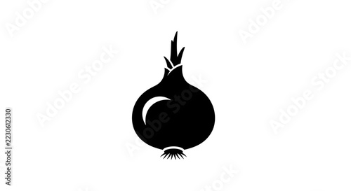 Black Silhouette of a Fresh Onion Bulb with Green Shoots on White Background, Simple Icon, Vector Art