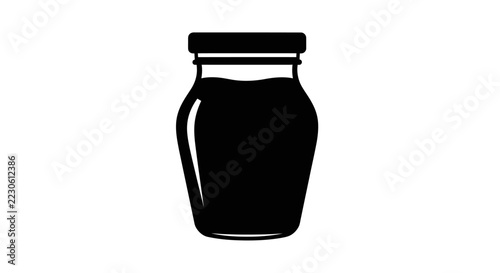 Black Silhouette of a Glass Jar with Lid, Filled with Dark Liquid, Isolated on White Background
