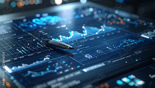 Financial Data Analysis Screen: A futuristic digital interface displays complex financial charts and graphs, with a sleek stylus resting on the screen.