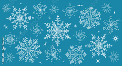 Snowflakes. Exquisite white snowflakes on blue background. Various snowflakes with textured effect. Background template for Christmas, New Year and Winter Holidays. Vector illustration
