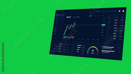 Neon floor appearing, 3D trading UI rotating, chart animating showing bullish trend on transparent