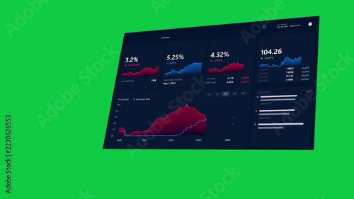 Neon line rising under panel causing panel entering rotating zooming showing KPIs transparent bg