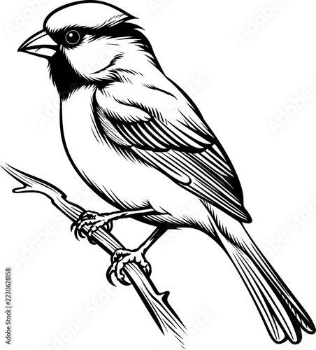 Sparrow Tattoo Style Line Art Illustration on White Background