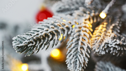 Macro view of frosted pine needle branch with single glowing yellow garland light cozy winter Christmas atmosphere concept stock photo