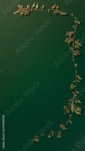 Vertical video: Frame start gold vine growing right side on deep green, forming border, copy space