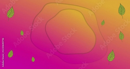 Showing translucent layered contours blending on magenta-orange gradient, green leaves with veins