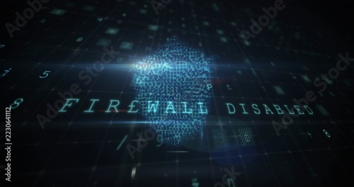 Pulsing holographic biometric mark spanning 3D grid interface, showing FIREWALL DISABLED text
