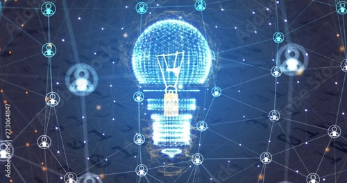 Glowing 3D holo bulb pulsing and linking avatar icons across deep blue backdrop with circuit traces