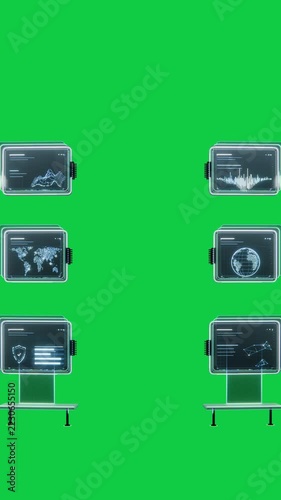 Vertical video: Frame four cyan towers rising columns linking panels cycling for dash on clear void