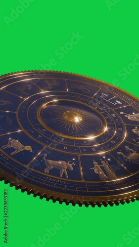 Vertical video: Camera pulling back, zodiac dial rotating, sun glowing to show icons on transparent