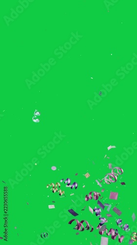 Vertical video: Popper firing ribbons and confetti, spinning, drifting for party on transparent bg