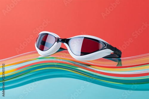 Swimming goggles on colorful flowing bands