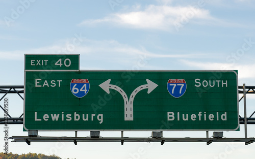 exit 40 sign on I-64 to continue East on I-64 toward Lewisburg or I-77 South toward Bluefield, West Virginia