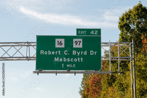 exit 42 sign on I-64 in Beckley, West Virginia for Robert C. Byrd Drive and Mabscott, WV-16 and WV-97