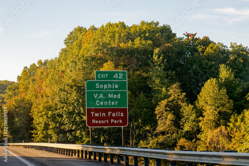 exit 42 sign on I-64 in Beckley, West Virginia for Sophia, V.A. Med Center and Twin Falls Resort Park