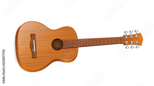 Fotografie Isolated realistic acoustic guitar, detailed wooden musical string instrument, classical sound equipment