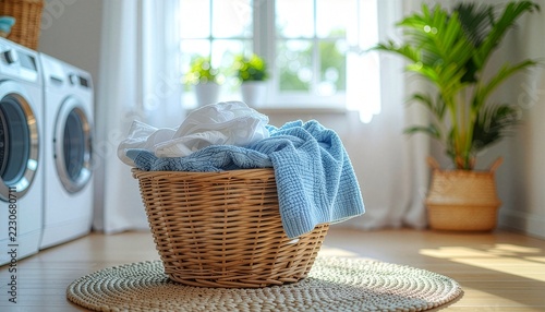 Wicker laundry basket filled with fresh clothes in a bright modern home laundry room with sunlight.