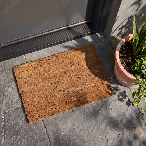 Coir doormat on stone patio in front of a modern door with potted plants and sunlight shadows, welcoming home entrance.