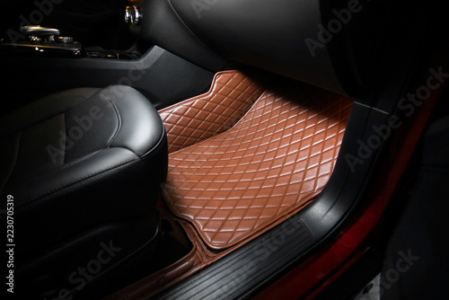 Luxury brown leather car mats with diamond stitching