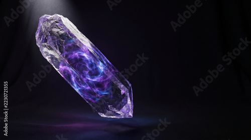 Quartz crystal shard suspended in darkness with vivid purple light and reflective facets creating mysterious mineral display