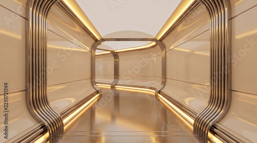 Retro futurist spacecraft corridor with glowing amber light, curved metallic walls, and reflective floor creating sleek cinematic passage