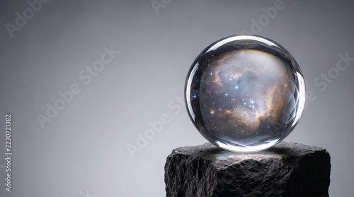 Galaxy glass sphere on stone with cosmic light and reflective surface