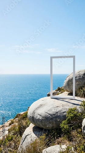 White Frame on Rocky Coastline Overlooking Blue Ocean and Sky.