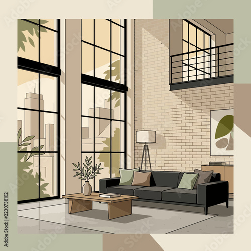 Modern loft apartment living room with large windows and city view
