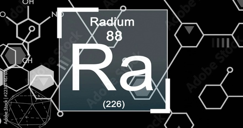 Displaying Radium element tile showing Ra symbol and atomic number 88 in dark schematic