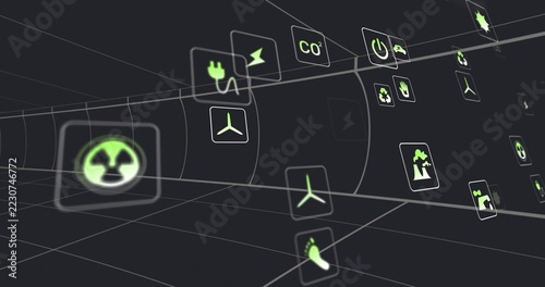 Floating panels sliding through wireframe tunnel, showing neon green plug, recycling, wind icons