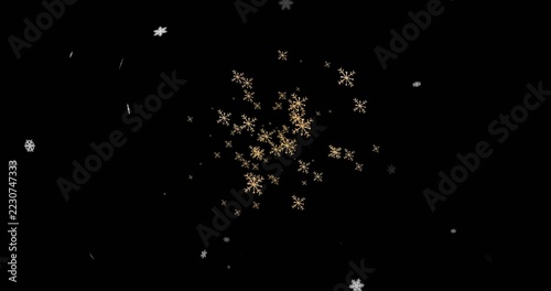 Glowing gold snowflake cluster drifting on black canvas with silver flakes sparks streaks halo