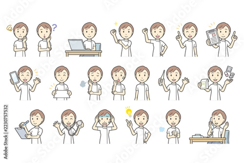 Set of 20 upper body poses of a young female caregiver in a white uniform, facial expressions for icons and avatars, cute vector illustration