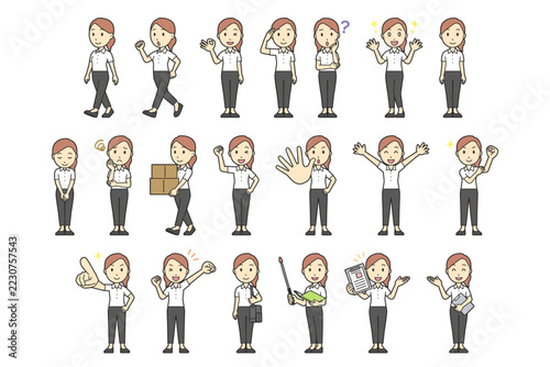 Set of 20 poses of a young office worker woman in a white blouse, full body, walking, running and various gestures, cute vector illustration