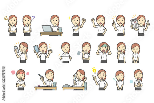Set of 20 upper body poses of a young office worker woman in a white blouse, facial expressions for icons and avatars, cute vector illustration