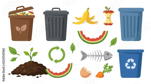 Food Waste Sorting Compost Bin and Sustainability Vector Icon Set