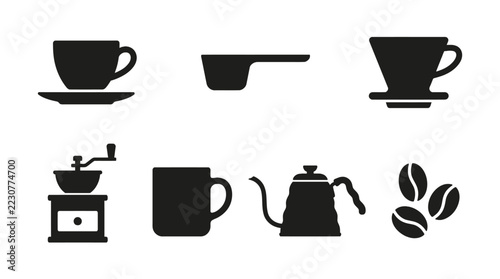 A collection of various coffee brewing equipment icons in black