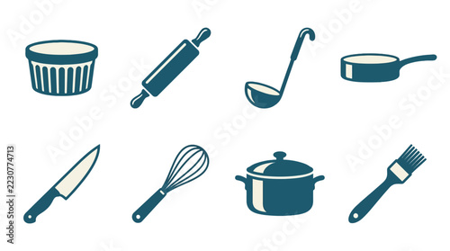 A collection of various kitchen cooking tools shown as icons