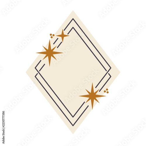 Mystic rhombus frame, vector illustration. Esoteric boho border with celestial gold stars. Vintage clipart for astrology and tarot card design. Magical luxury sketch. Hand-drawn empty template