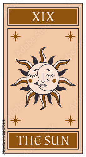 The Sun tarot card with XIX Roman numeral, vector illustration. Hand drawn esoteric boho major arcana card deck icon with celestial sun and moon faces, golden stars. Magical occult prediction clipart