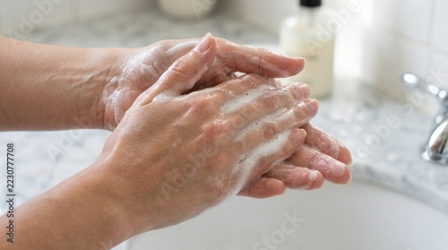 Washing hands with soap and water, close-up on hands and lather